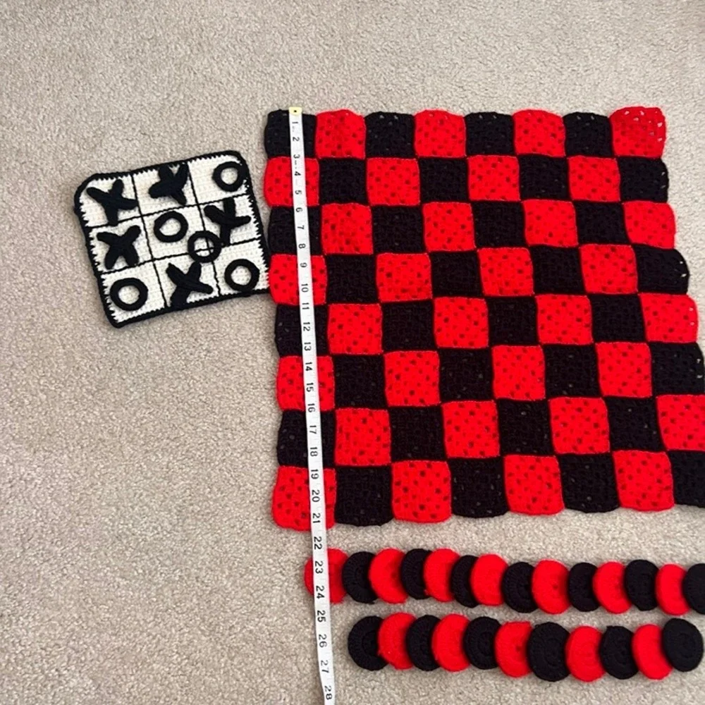 Vintage Handmade Crochet‎ Checkers and Tic Tac Toe Game Set - 2 in 1  Fun